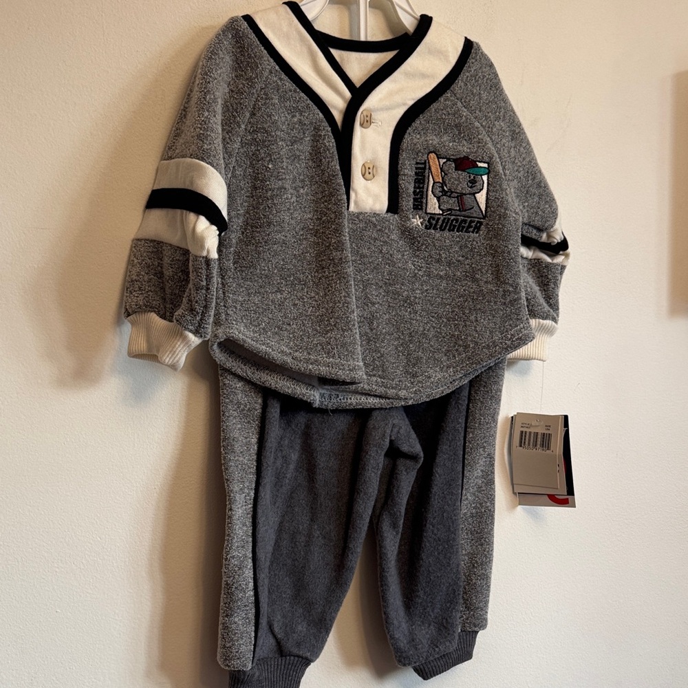 Vintage Baby Q Gray and White Baby Outfit with Cartoon Design